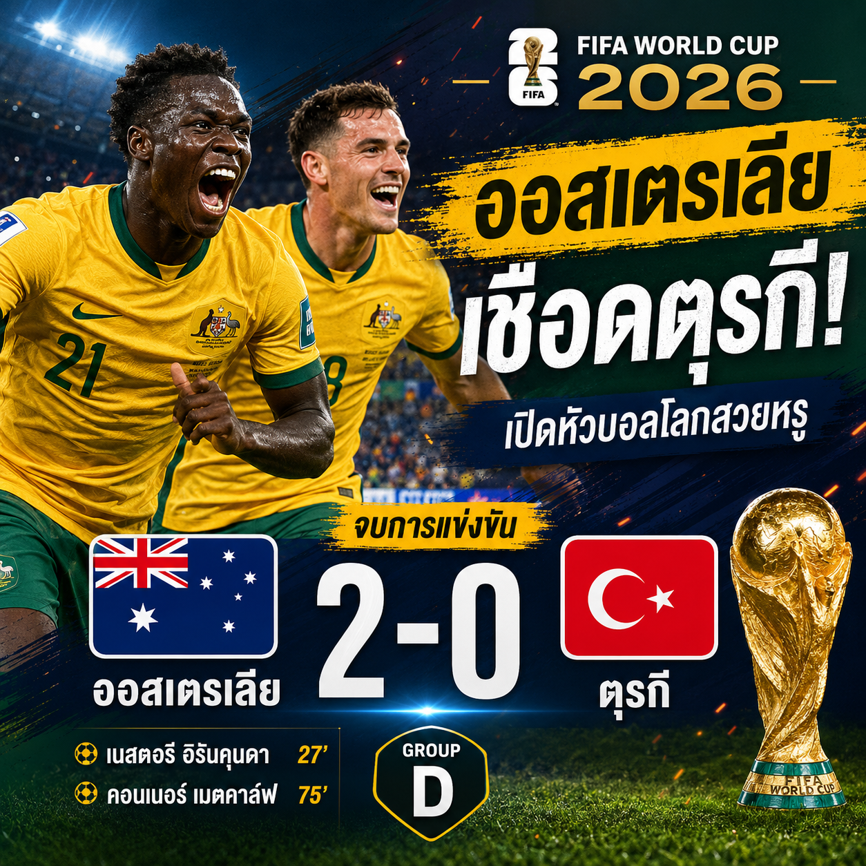 ออสเตรเลีย 2-0 ตุรกี! จิงโจ้โชว์เกมรับสุดแกร่ง เปิดหัวบอลโลก 2026 สวยหรู