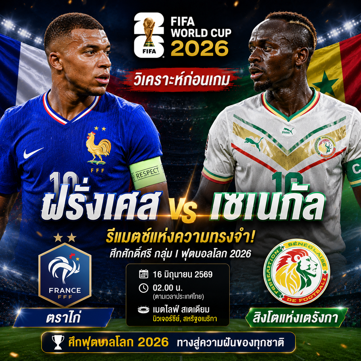 วิเคราะห์บอล ฝรั่งเศส vs เซเนกัล : รีแมตช์แห่งความทรงจำ 24 ปี ตราไก่ดวลสิงโตแห่งเตรังกา ศึกฟุตบอลโลก 2026