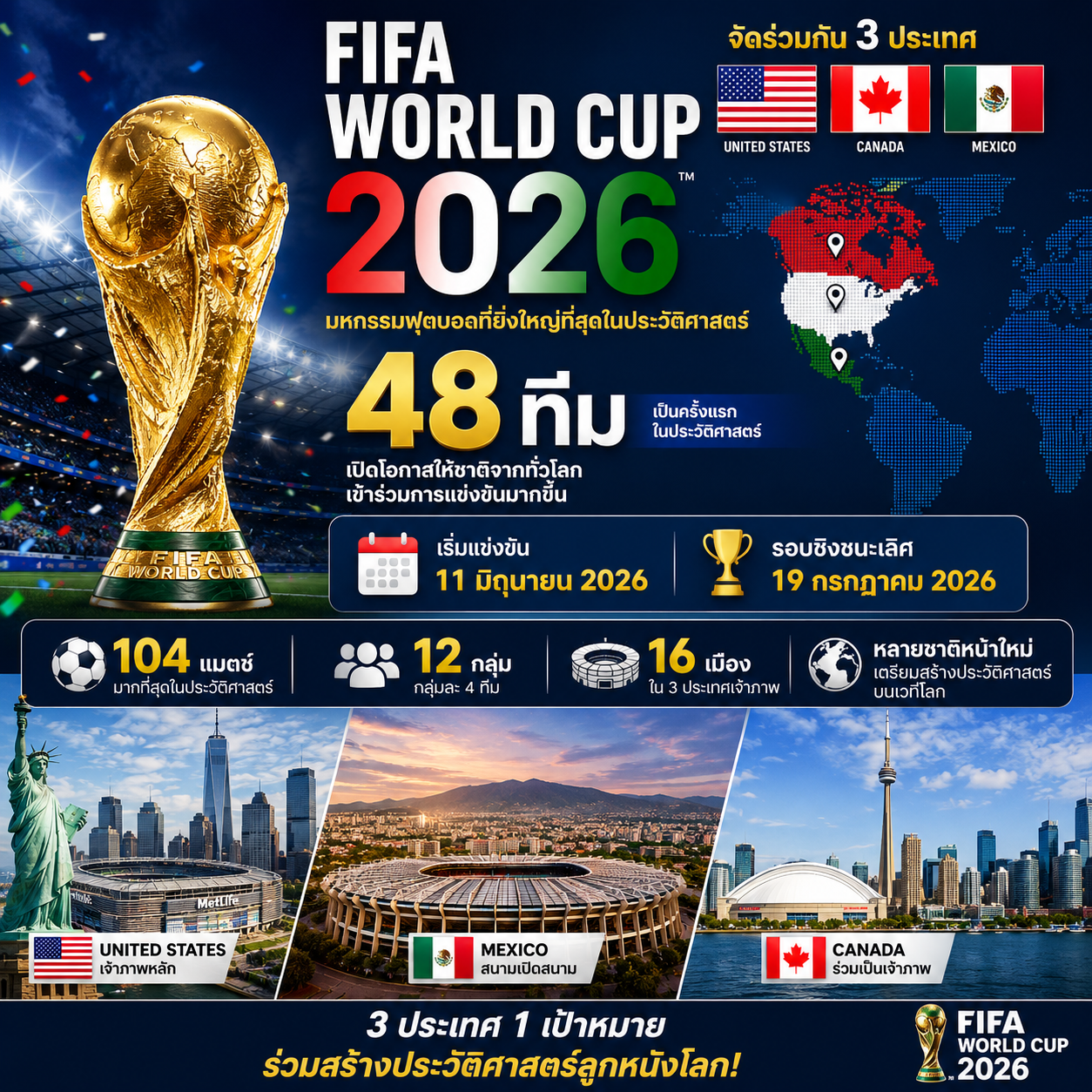 ฟุตบอลโลก 2026 เตรียมสร้างประวัติศาสตร์ครั้งใหม่ กับรูปแบบ 48 ทีม และ 3 ชาติเจ้าภาพ