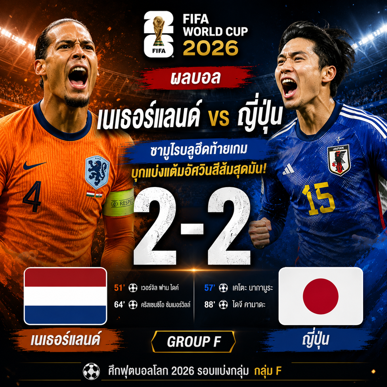 ผลบอล เนเธอร์แลนด์ 2-2 ญี่ปุ่น! ซามูไรบลูฮึดท้ายเกม บุกแบ่งแต้มอัศวินสีส้มสุดมัน ศึกฟุตบอลโลก 2026