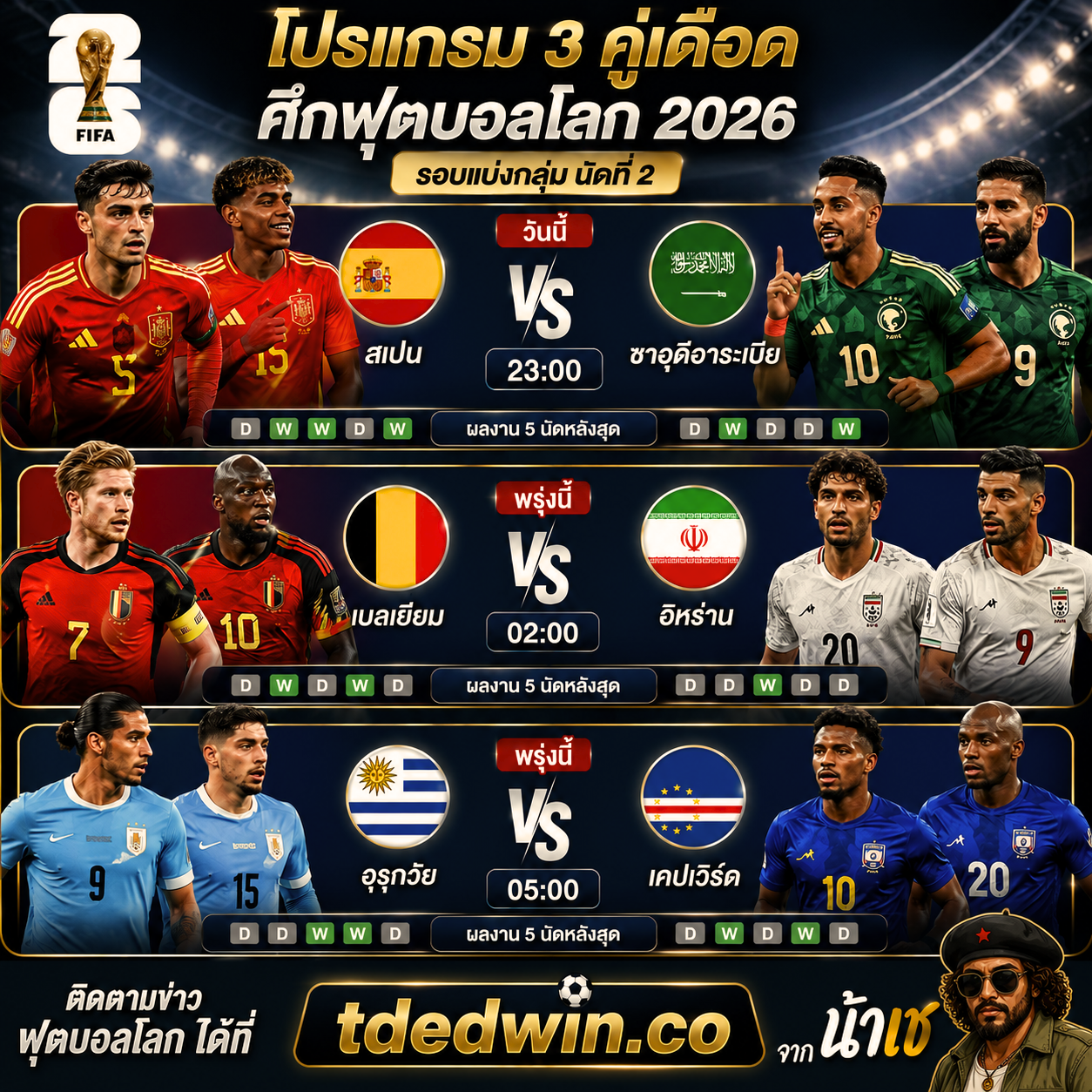 วิเคราะห์บอลวันนี้ ฟุตบอลโลก 2026 สามคู่ สเปน vs ซาอุดีอาระเบีย , เบลเยียม vs อิหร่าน , อุรุกวัย vs เคปเวิร์ด