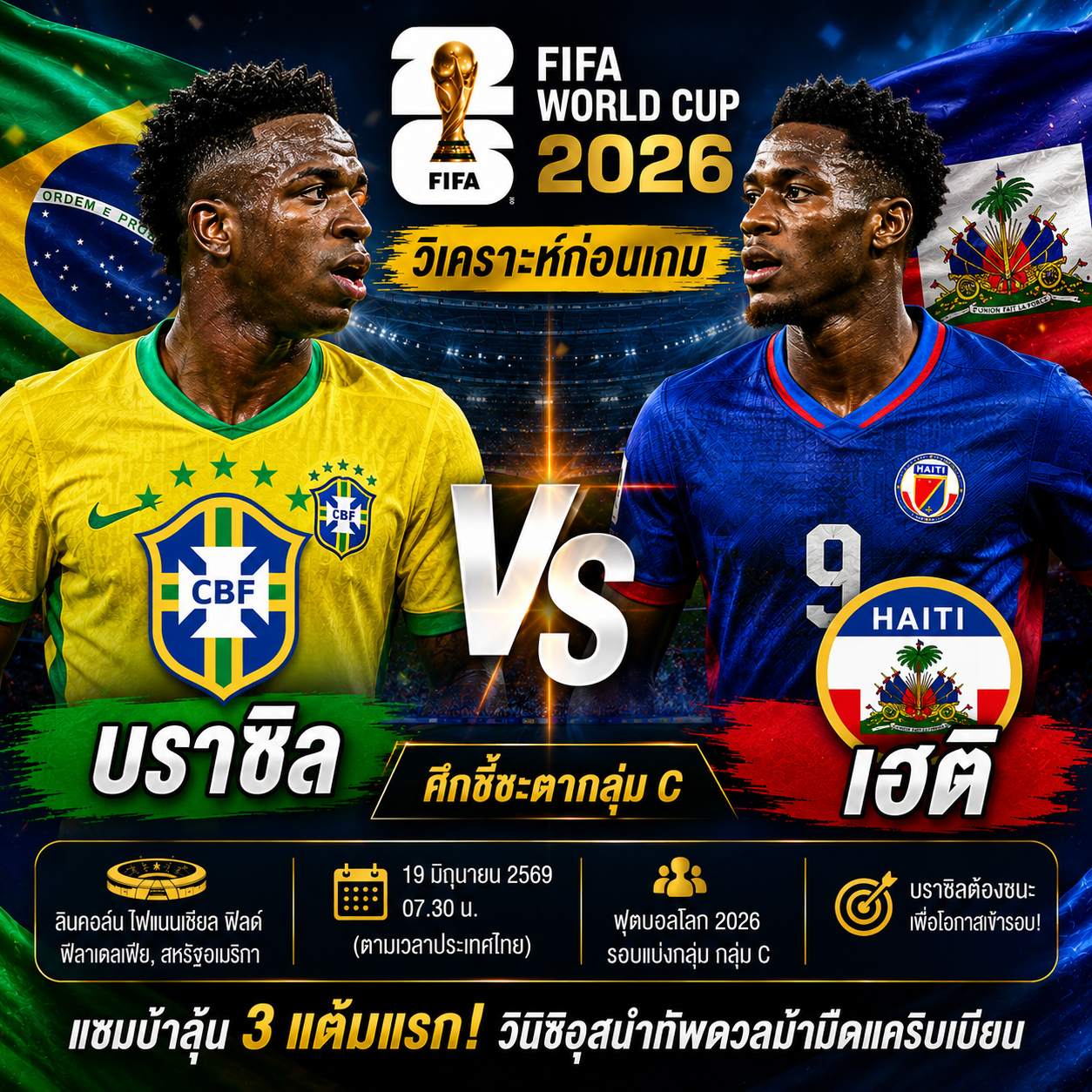 วิเคราะห์บอล บราซิล vs เฮติ : แซมบ้าต้องชนะ! วินิซิอุส นำทัพดวลม้ามืดจากแคริบเบียน ศึกฟุตบอลโลก 2026