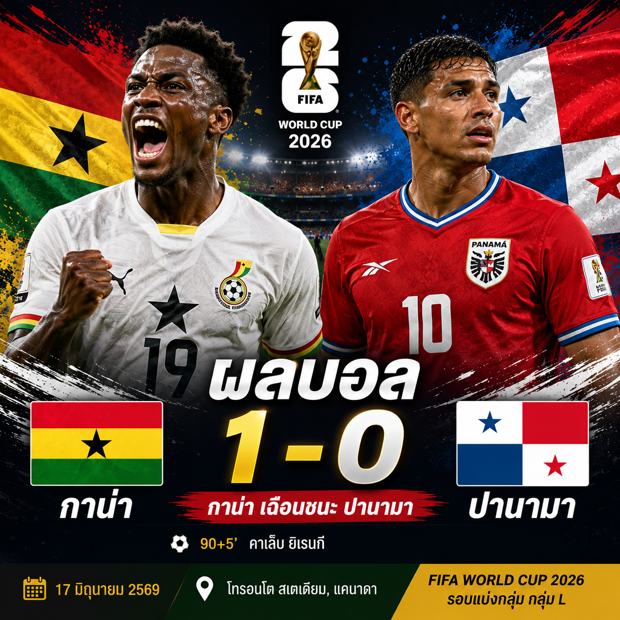 ผลบอล กาน่า 1-0 ปานามา : ยิเรนกี ฮีโร่ซัดทดเจ็บ พาดาวดำคว้าชัยเปิดหัวบอลโลก 2026