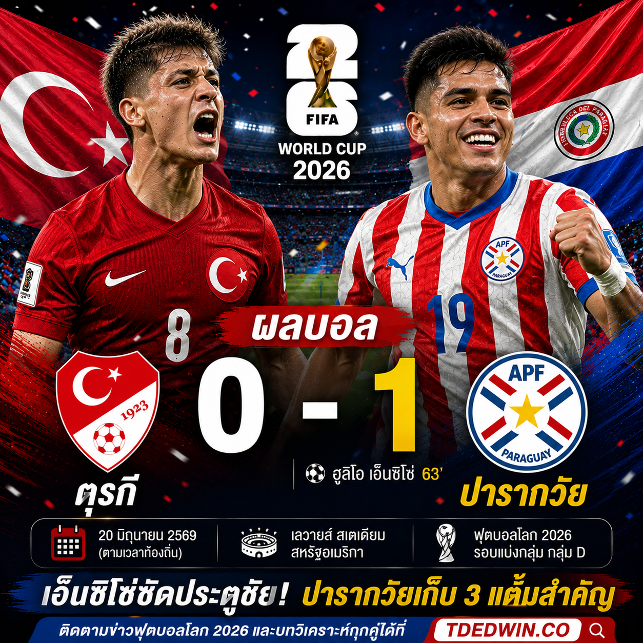 ผลบอล ตุรกี 0-1 ปารากวัย : เอ็นซิโซ่ซัดชัย! ปารากวัยคืนฟอร์ม เก็บสามแต้มลุ้นเข้ารอบบอลโลก 2026