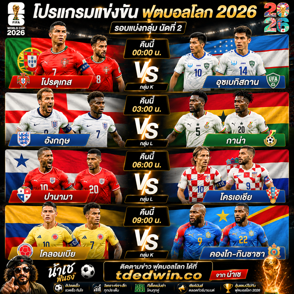 4 คู่เด่นคืนนี้ โปรตุเกส vs อุสเบกิสทาน อังกฤษ vs กาน่า ปานามา vs โครเอเชีย โคลัมเบีย vs คองโกกินชาซา