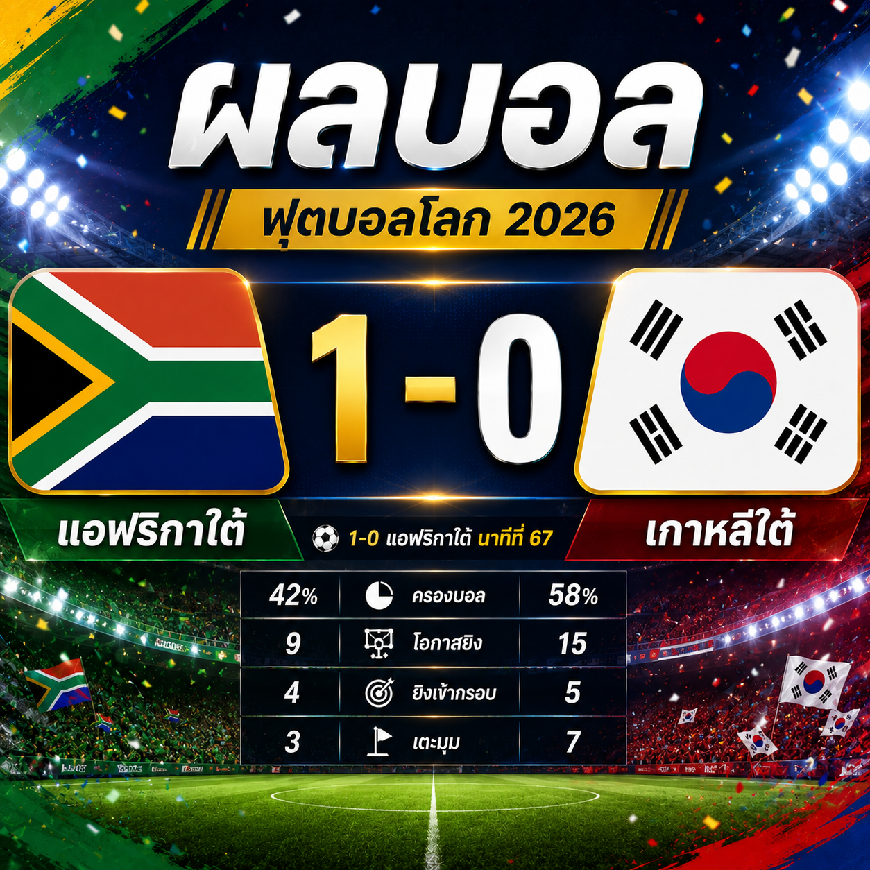 ผลบอล แอฟริกาใต้ 1-0 เกาหลีใต้ : บาฟานา บาฟานา คว้าชัยสำคัญ ส่งท้ายรอบแบ่งกลุ่มฟุตบอลโลก 2026