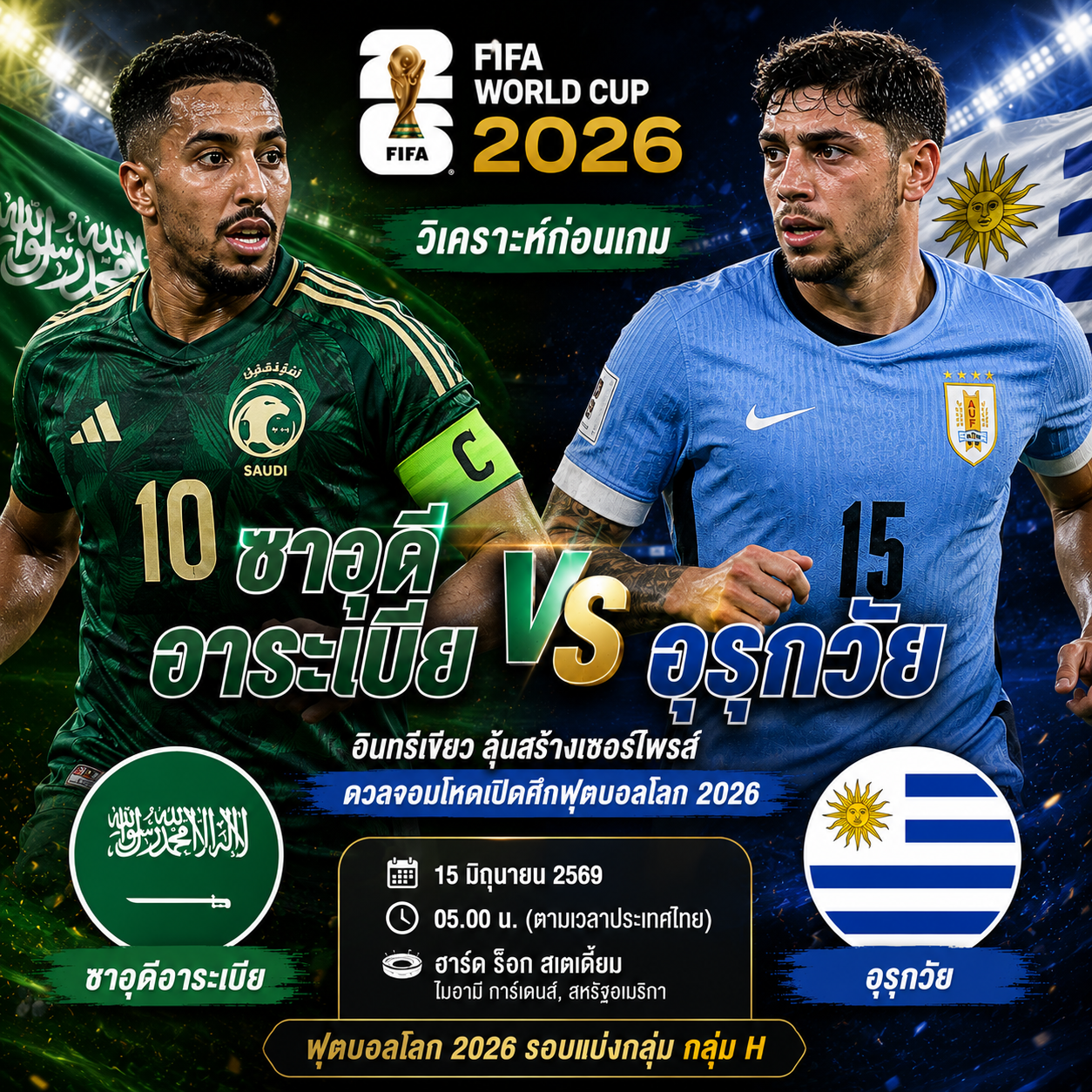 วิเคราะห์บอล ซาอุดีอาระเบีย vs อุรุกวัย : อินทรีเขียวลุ้นสร้างเซอร์ไพรส์ ดวลจอมโหดเปิดศึกฟุตบอลโลก 2026