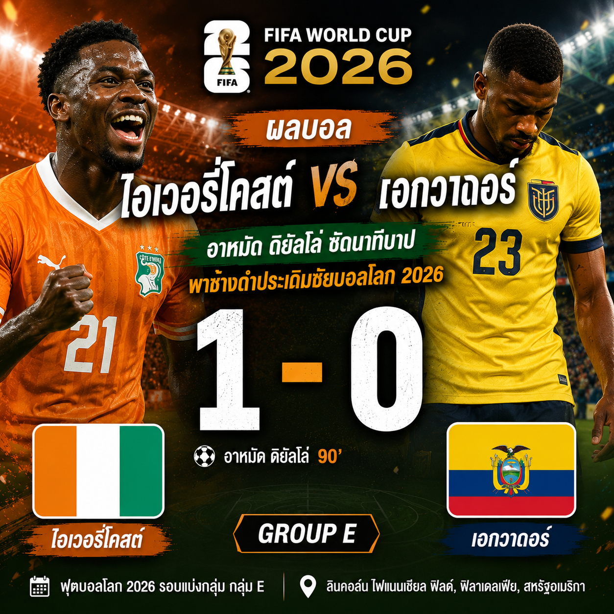 ผลบอล ไอเวอรี่โคสต์ 1-0 เอกวาดอร์! อาหมัด ดิยัลโล่ ซัดนาทีบาป พาช้างดำประเดิมชัยฟุตบอลโลก 2026
