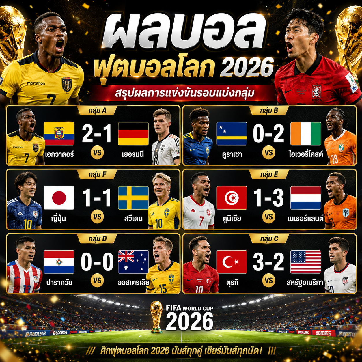 ผลบอลฟุตบอลโลก 2026 : เอกวาดอร์ล้มเยอรมนี, ญี่ปุ่นเจ๊าสวีเดน, ตุรกีเฉือนสหรัฐฯ สรุปผลครบ 6 คู่รอบแบ่งกลุ่ม