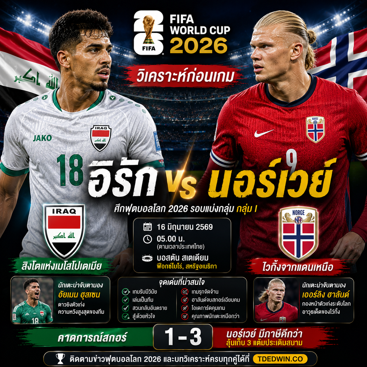 วิเคราะห์บอล อิรัก vs นอร์เวย์ : ฮาลันด์นำทัพไวกิ้ง ดวลสิงโตแห่งเมโสโปเตเมีย ศึกฟุตบอลโลก 2026