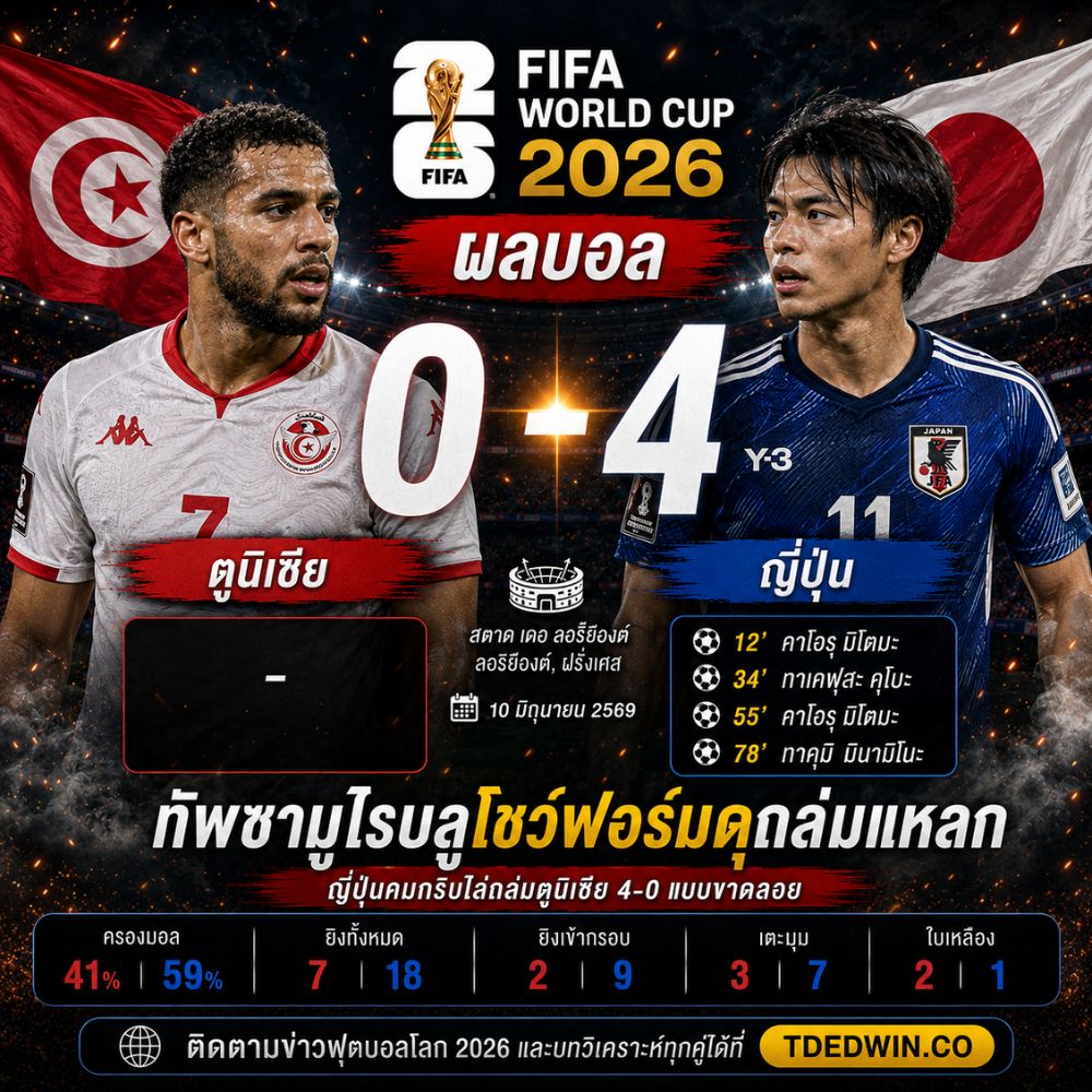 ผลบอล ตูนิเซีย ญี่ปุ่น 0-4 ทัพซามูไรบลูโชว์โหดถล่มยับ TDEDWIN