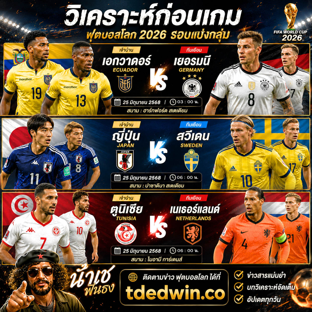 ฟุตบอลโลก 2026 สามคู่เด่นคืนนี้ เอกวาดอร์ vs เยอรมนี ญี่ปุ่น vs สวีเดน ตูนิเซีย vs เนเธอร์แลนด์